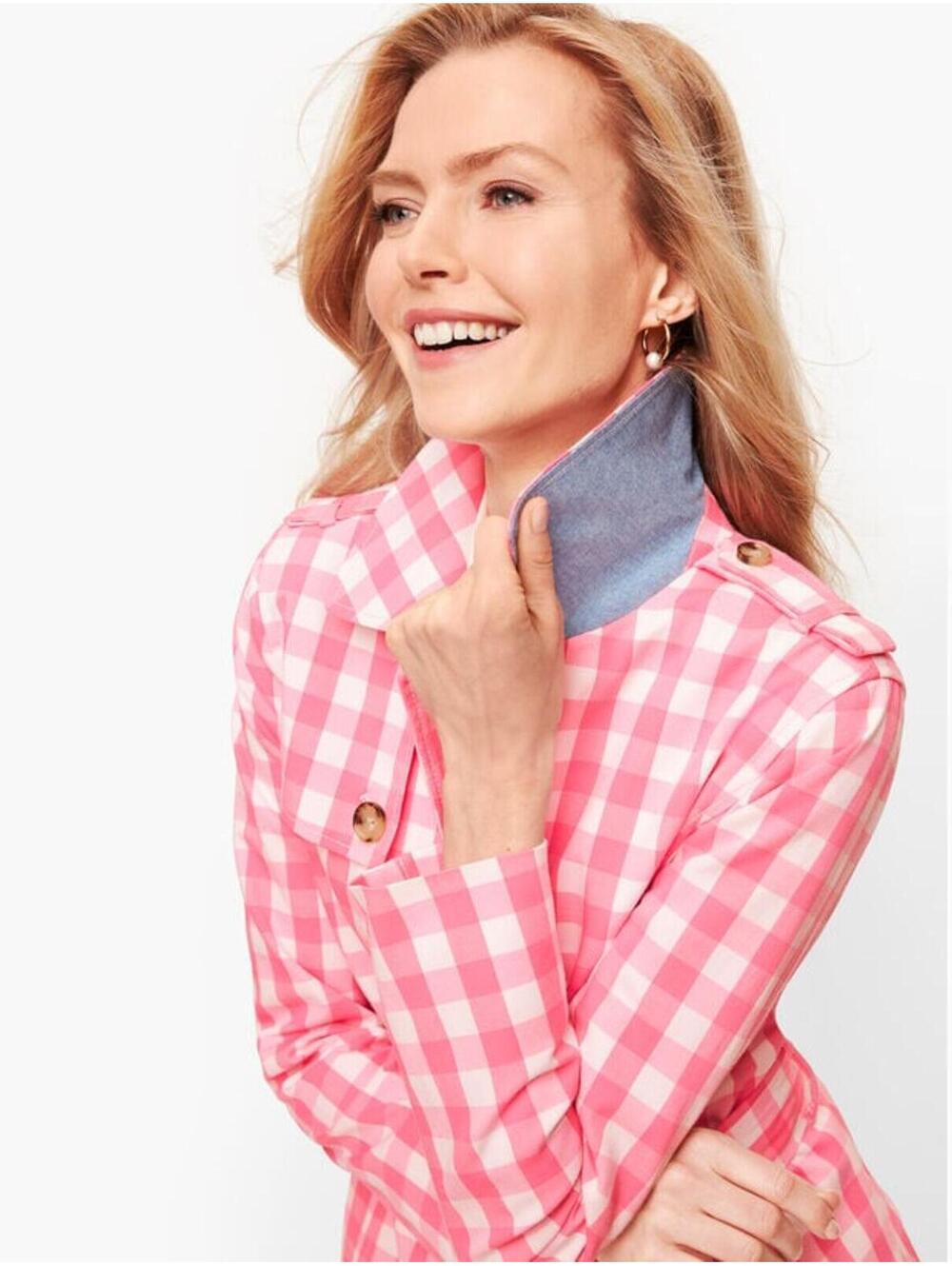 Talbots Belted Gingham Trench Coat in a Vibrant Pink and White Check Pattern - Picture 9 of 9